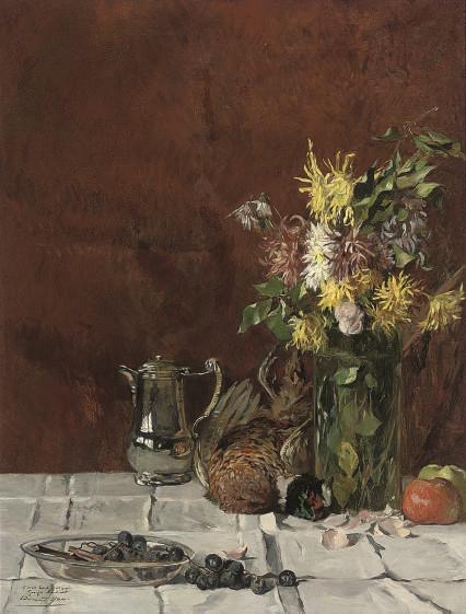 Edmond Charles Joseph Yon - A bowl of grapes, a silver coffee pot, a pheasant, a vase of flowers and apples on a draped table