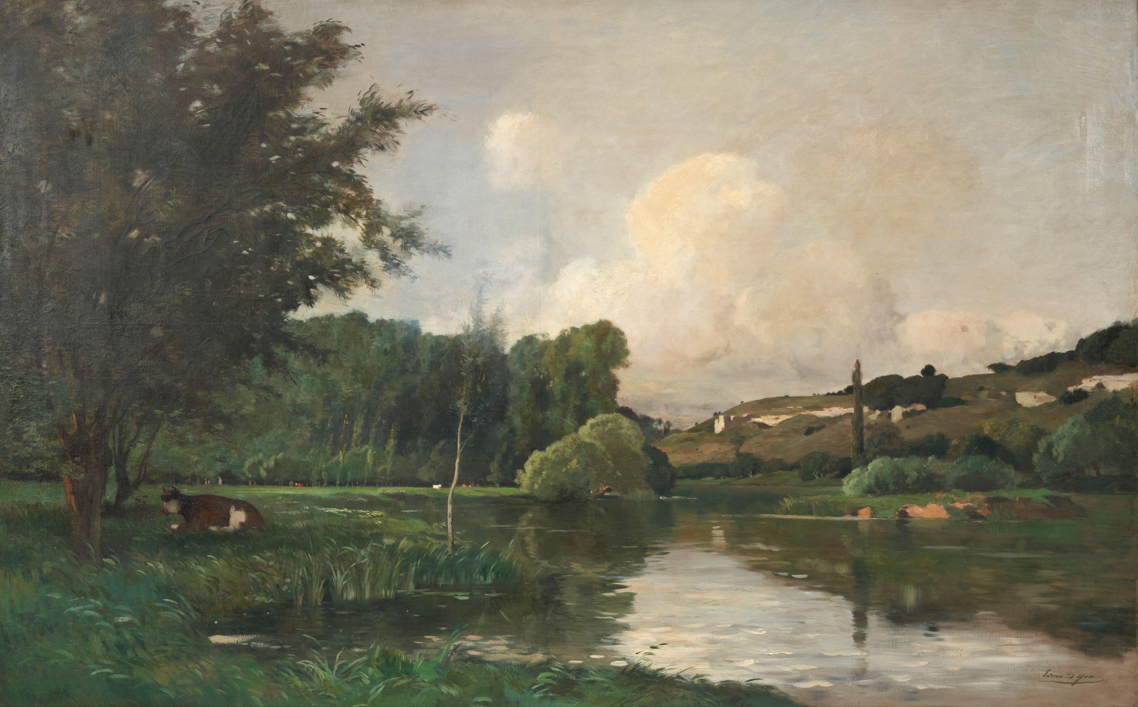 Edmond Charles Joseph Yon - A Pastoral Landscape with Cows by a Stream framed 114.5 x 172.0 x 7.0 cm (45 x 67 3/4 x 2 3/4 in).