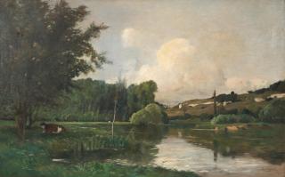 Edmond Charles Joseph Yon - A Pastoral Landscape with Cows by a Stream framed 114.5 x 172.0 x 7.0 cm (45 x 67 3/4 x 2 3/4 in).