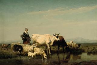 Edmond John Baptiste Tschaggeny - A herder watering her livestock