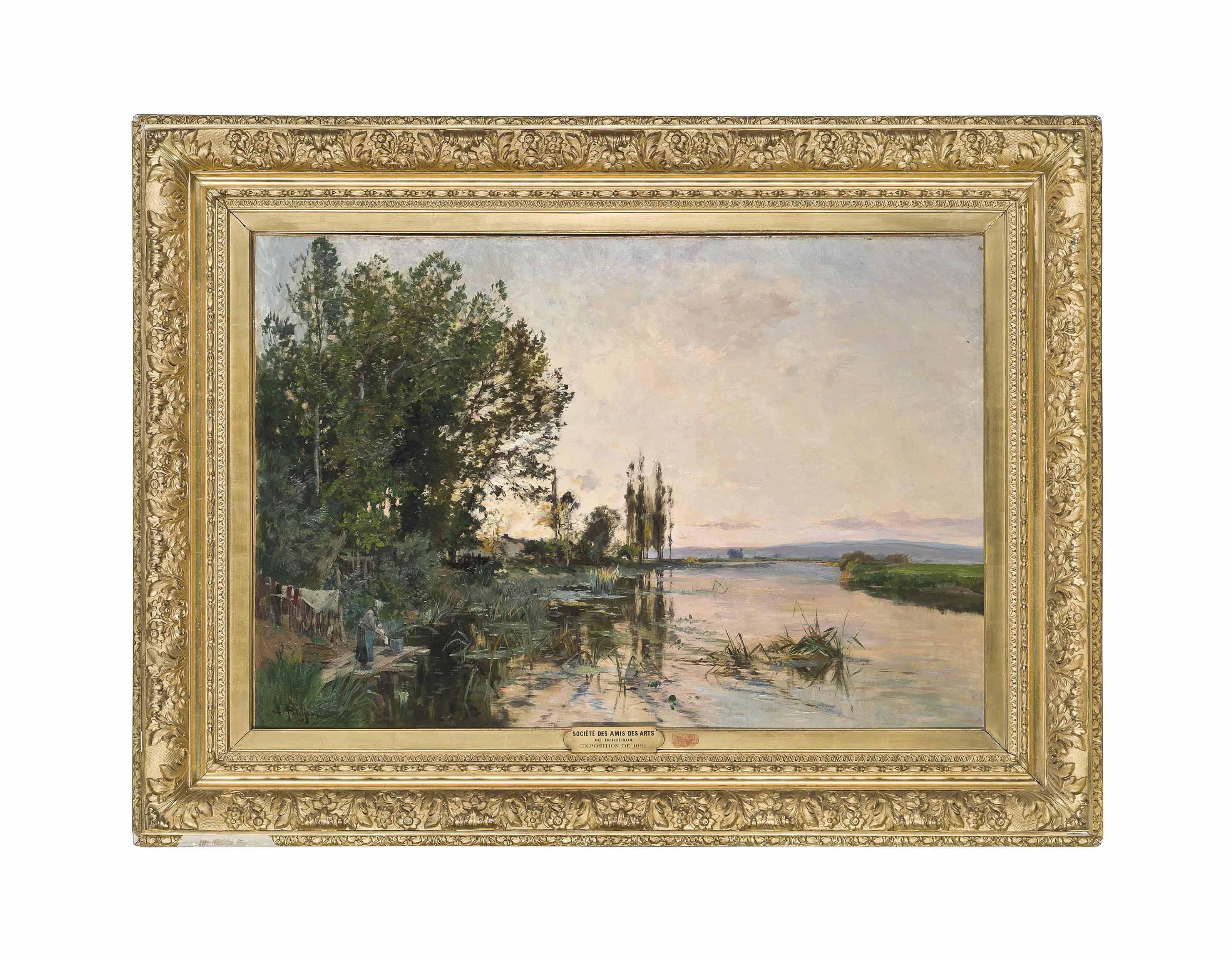 Edmond Marie Petitjean - A washerwoman on the river at dusk