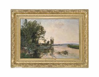 Edmond Marie Petitjean - A washerwoman on the river at dusk