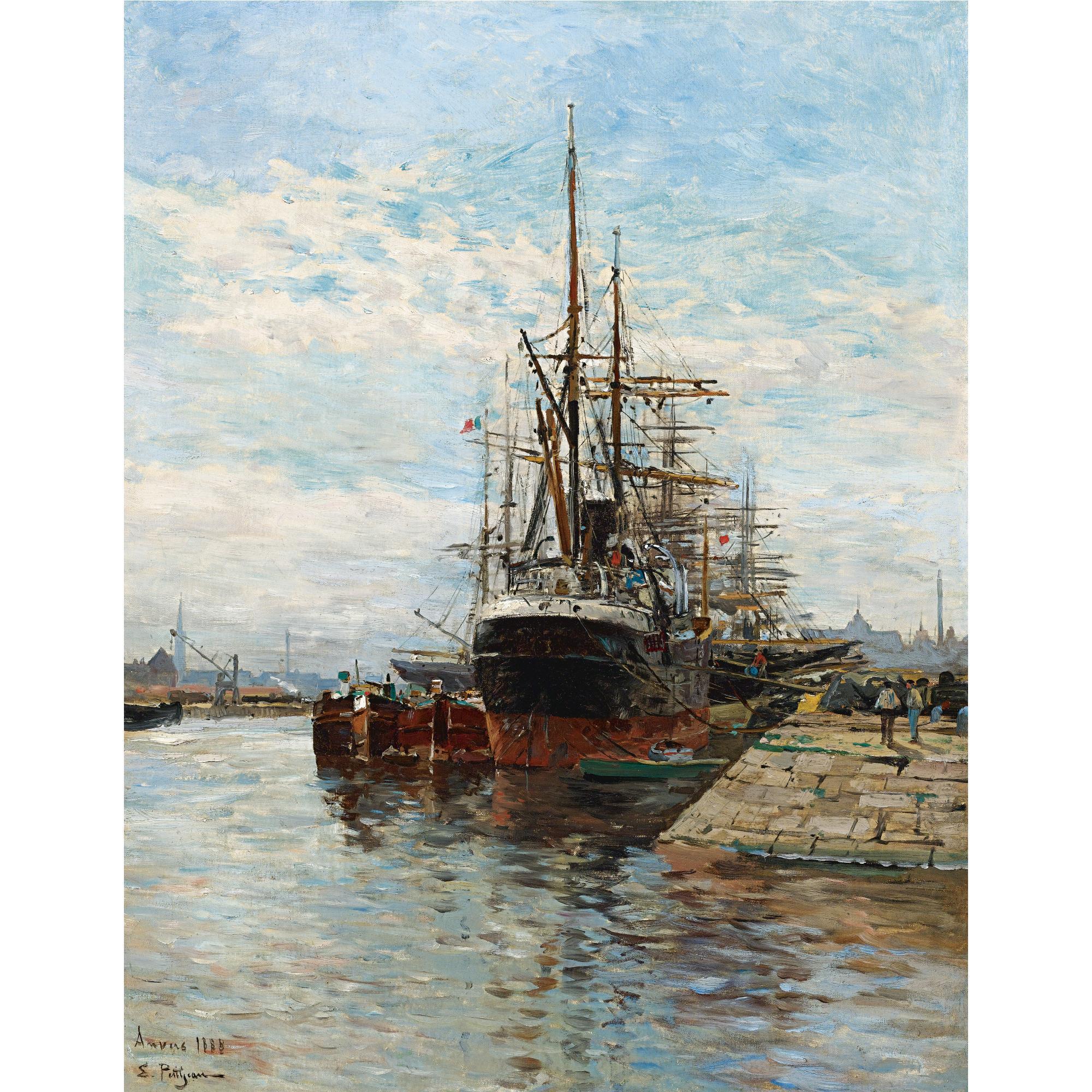 Edmond-Marie Petitjean - Tall Ships In A Harbor