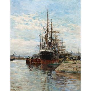 Edmond-Marie Petitjean - Tall Ships In A Harbor