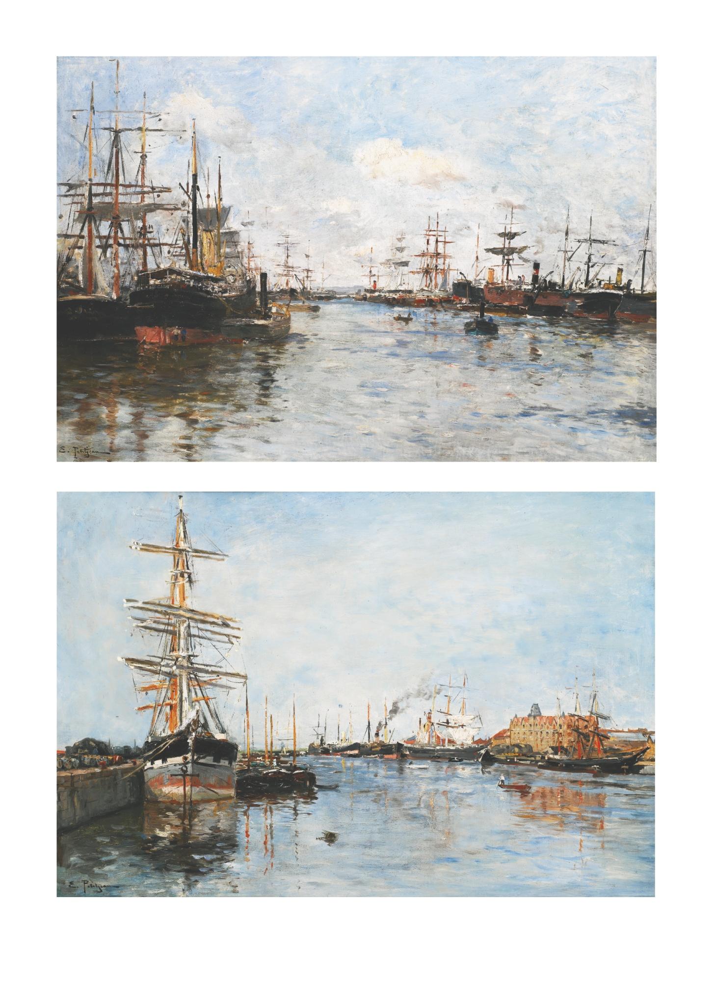 Edmond Petitjean - French bateaux En Rade: A Pair