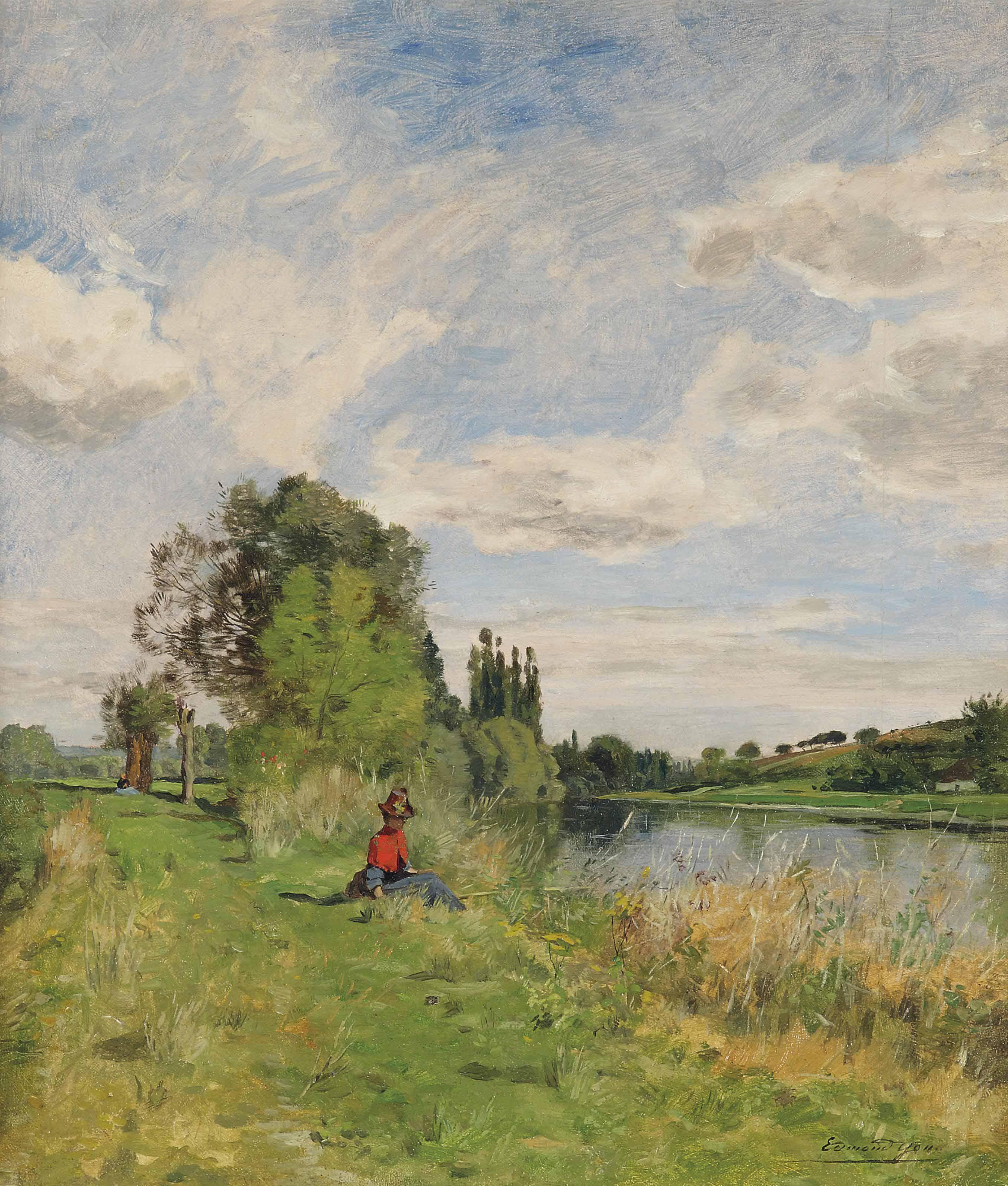 Edmond Yon - An elegant lady sitting by the riverbank