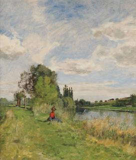 Edmond Yon - An elegant lady sitting by the riverbank