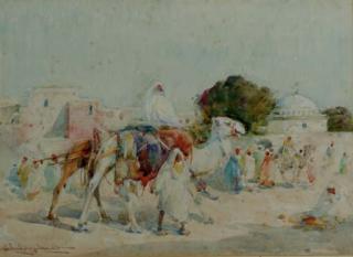 Edmund Aubrey Hunt - Arabs and Camels outside a Walled Village