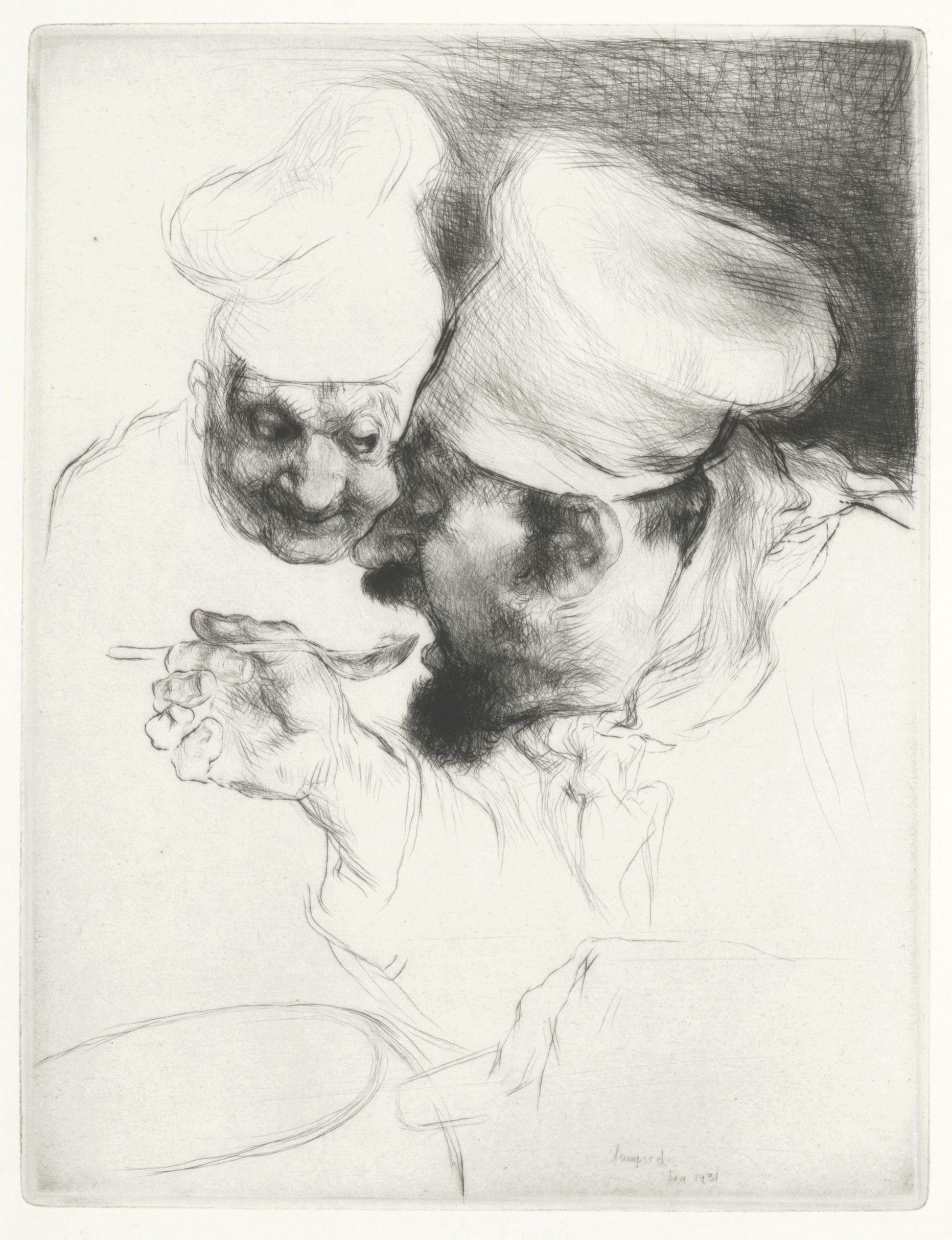 Edmund Blampied - A Group Of Etchings: \'Le Chef D\'Oeuvre\'; \'Fetch It\'; \'The Bathing Machine\'; \'Fairy Tales\'; \'Untitled\'; \'A Holiday Morning\'; \'The Centenarian\' And \'The Market Argument\'