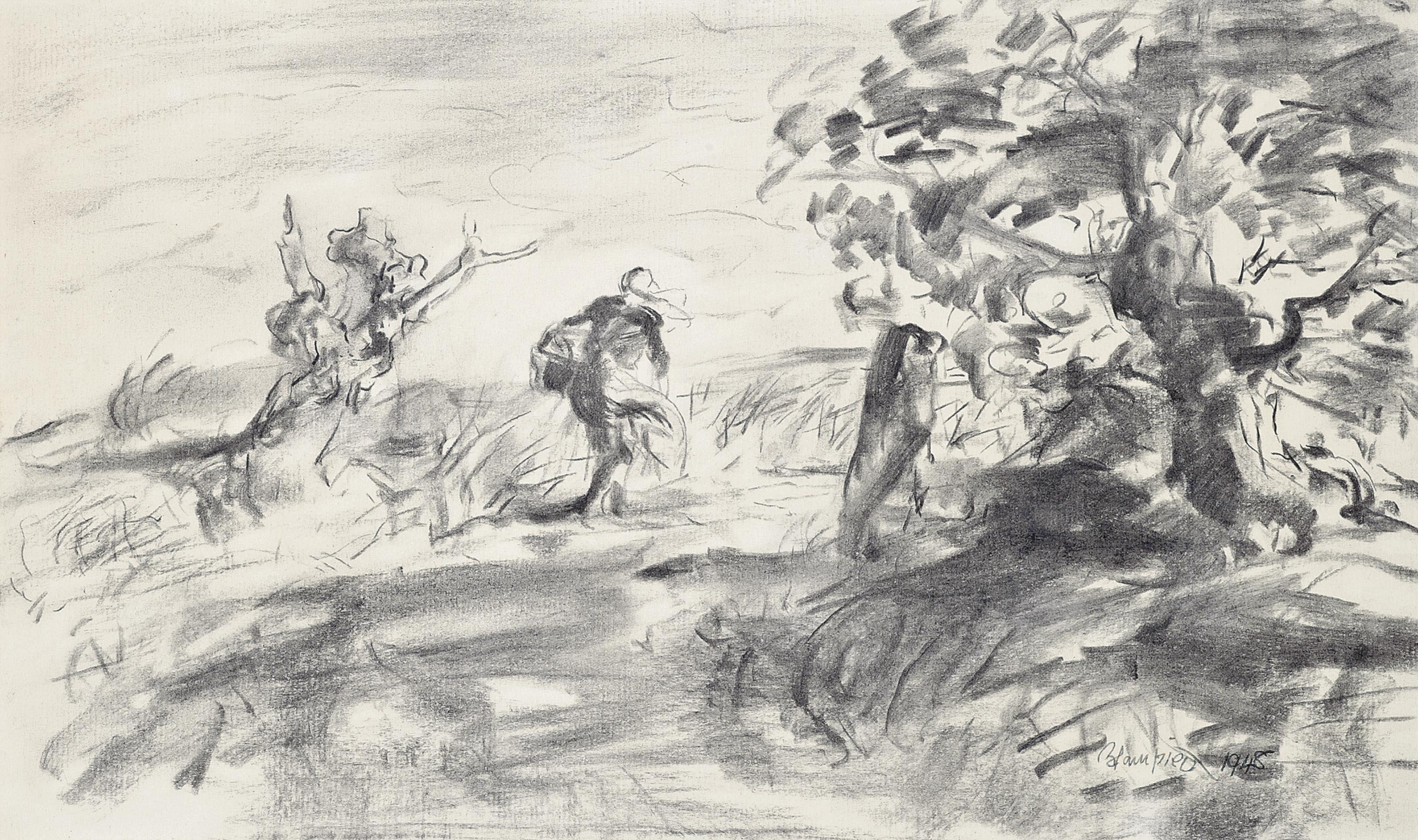 Edmund Blampied - Girl walking home in the wind