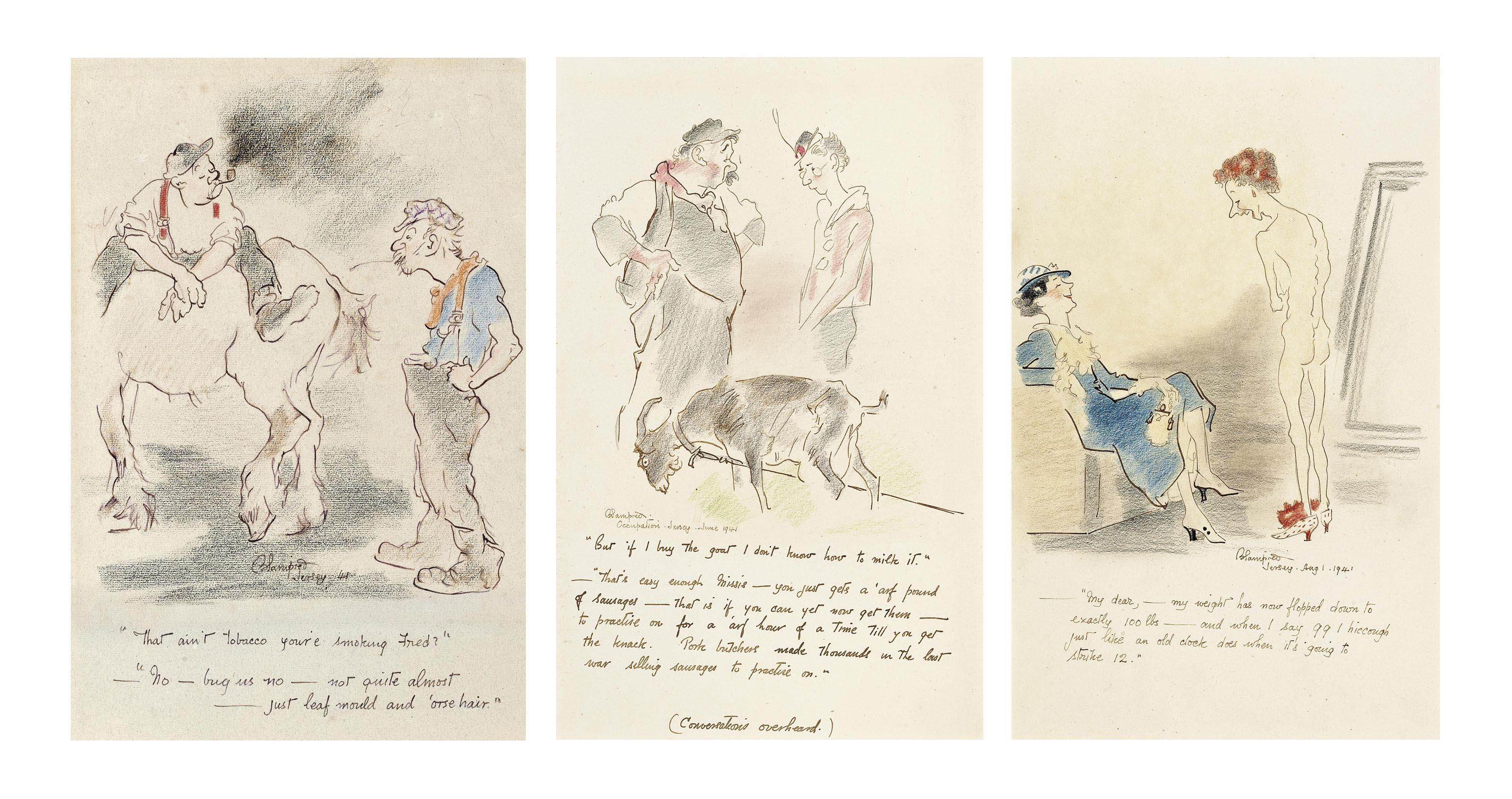 Edmund Blampied - \'That ain\'t tobacco you\'re smoking Fred\'; \'But if I buy the goat I don\'t know how to milk it\'; and \'My weight has now flopped\' (all illustrated)