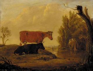 Edmund Bristow - Cattle watering in a wooded landscape