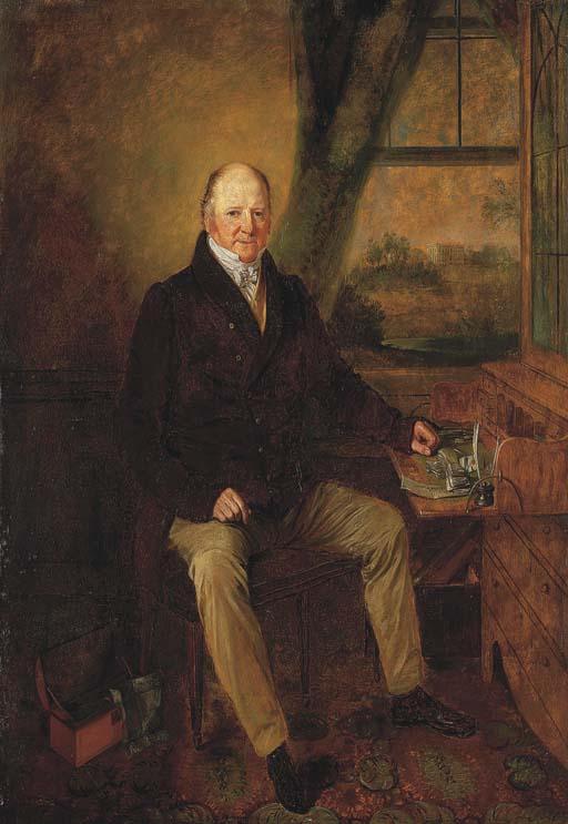 Edmund Bristow - Portrait of Isaac Manning (1773-1833), Full-Length, Seated In A Study, A View of Easton Neston, Northamptonshire, Through A Window Beyond