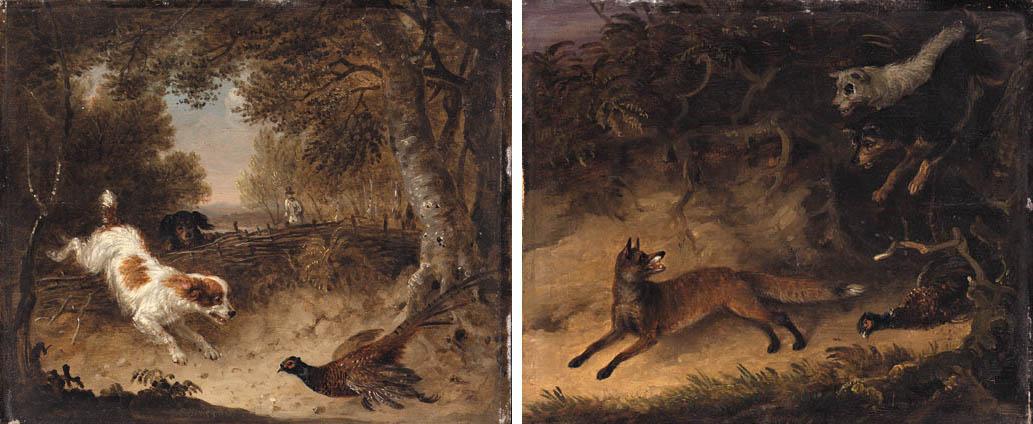 Edmund Bristow - Spaniels retrieving a Pheasant; and Terriers surprising a Fox