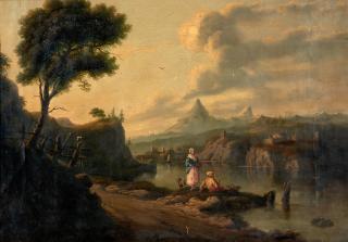 Edmund C. Coates - Peasant Couple on the Shore of a Fanciful Landscape with Castles and Distant Mountains