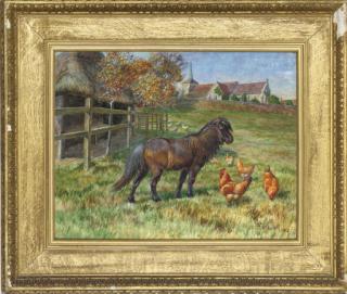 Edmund Caldwell - A pony and chickens in a paddock with a church beyond
