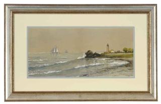 Edmund Darch Lewis - A sailing boat passing a lighthouse; and a companion watercolor