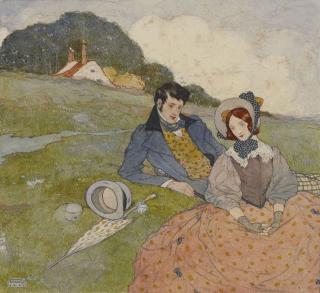 Edmund Dulac - A couple seated in a rural landscape, probably for \'The Novels of the Sisters Brontë\'
