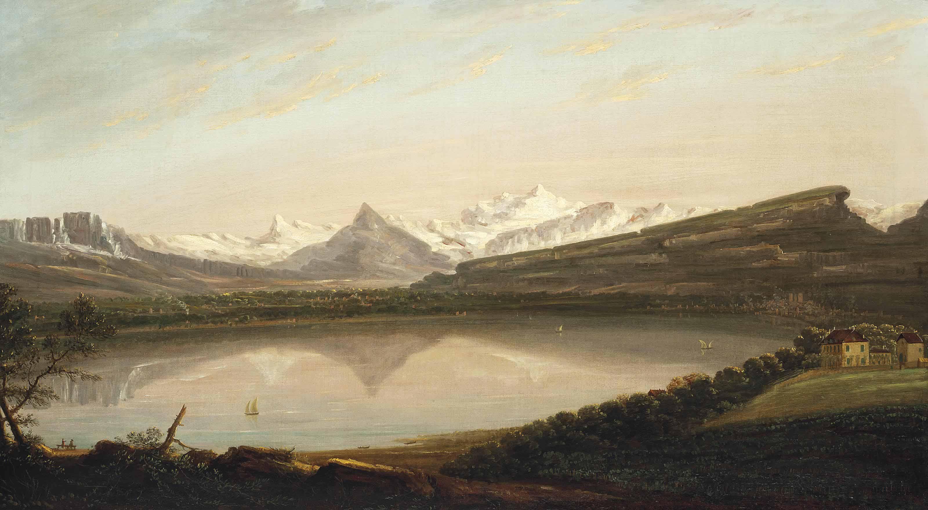 Edmund Garvey R.A. - A view of Lake Geneva with the Mont Salève and Le Môle, the Mont Blanc beyond