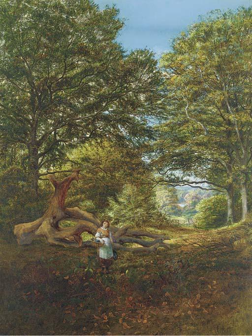 Edmund George Warren, R.I. - A young girl by a fallen oak in a woodland clearing