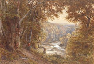 Edmund George Warren - An extensive autumnal landscape with a woman admiring the view