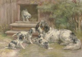 Edmund Henry Osthaus - A Setter and her puppies outside a kennel