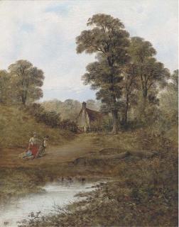 Edmund John Niemann - Children Playing With A Cart By A Duck Pond