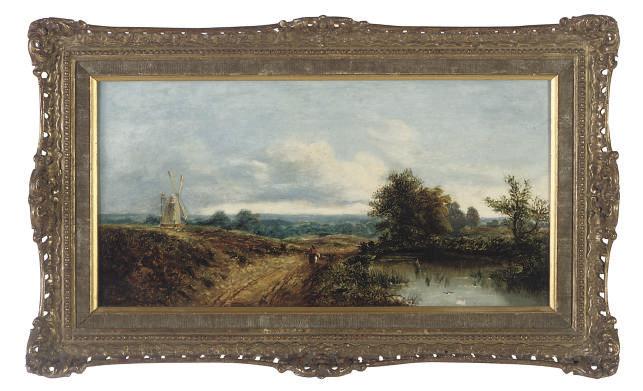 Edmund John Niemann - Figure on a country track by a river, a windmill beyond