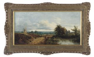 Edmund John Niemann - Figure on a country track by a river, a windmill beyond