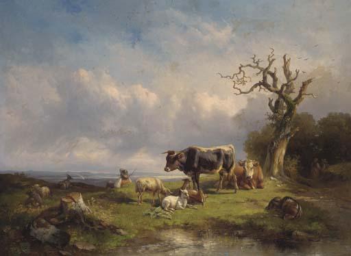 Edmund Mahlknecht - A herdsman with cattle and sheep in a landscape