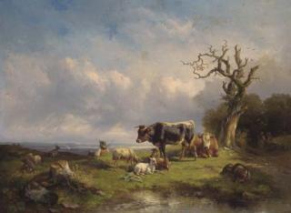 Edmund Mahlknecht - A herdsman with cattle and sheep in a landscape