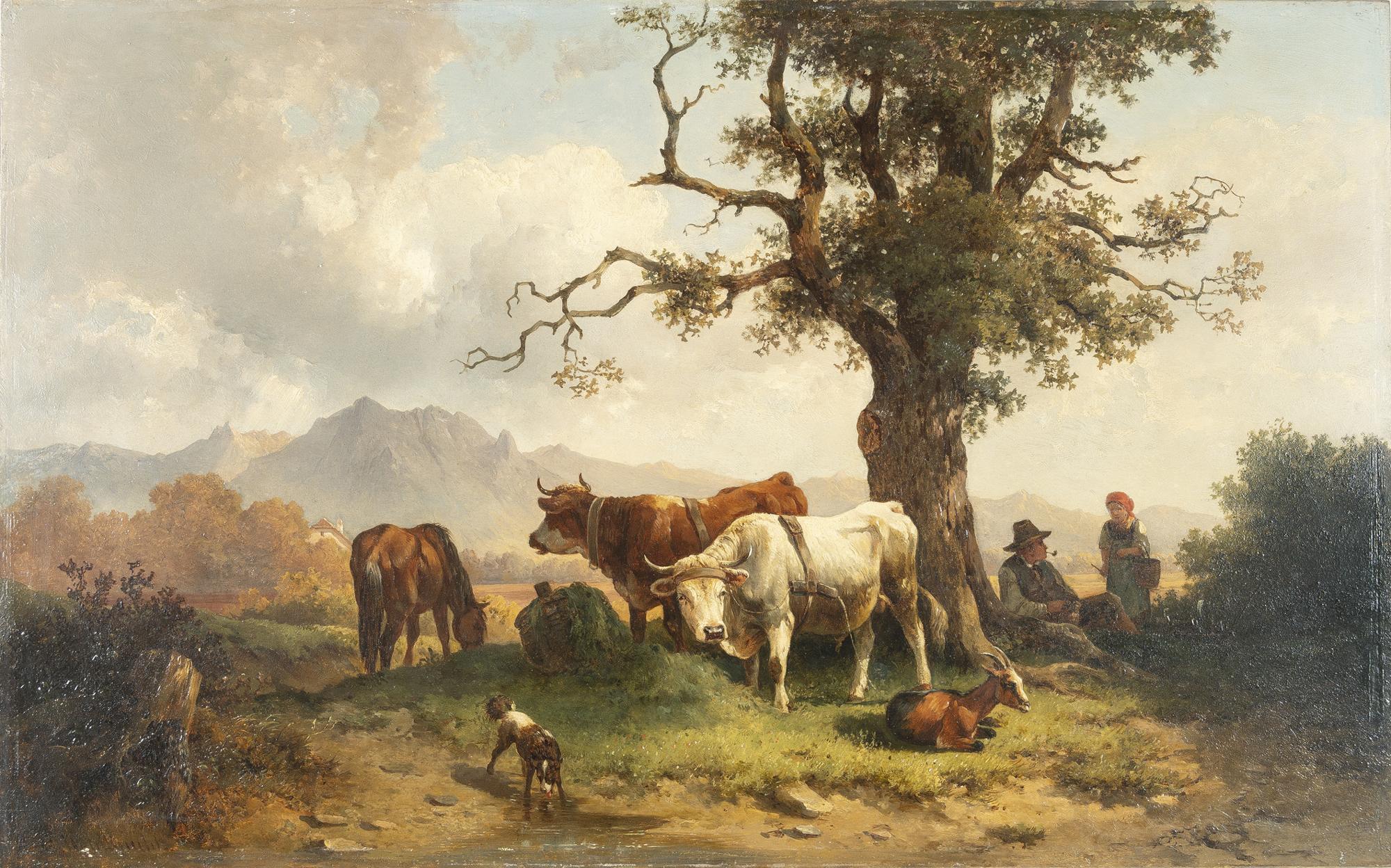 Edmund Mahlknecht - Rast unter der alten Eiche mit Ochsengespann, Ziege, Pferd und Hund