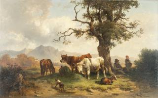 Edmund Mahlknecht - Rast unter der alten Eiche mit Ochsengespann, Ziege, Pferd und Hund