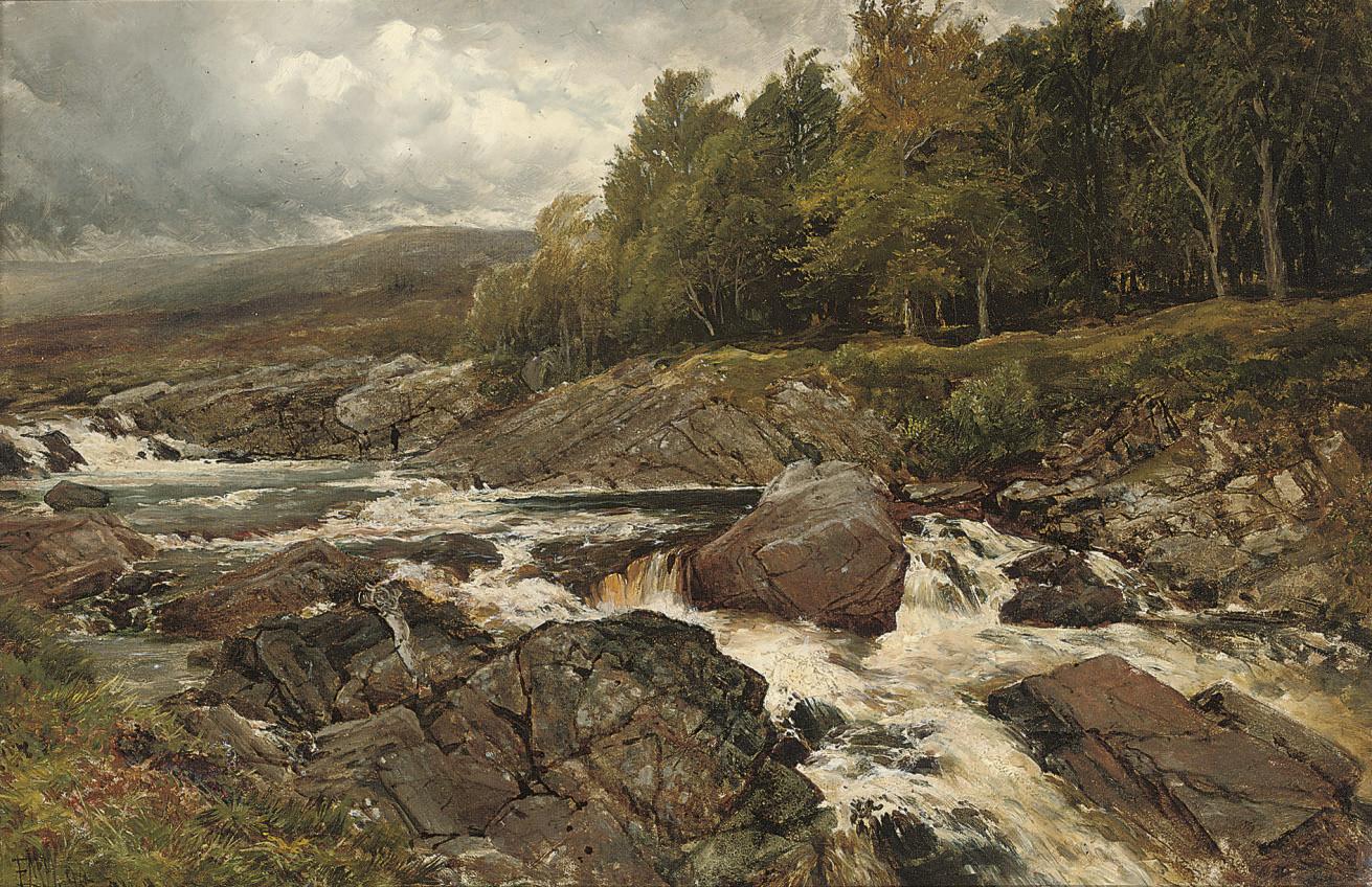 Edmund Morrison Wimperis - A torrent from the hills, with fishermen beyond