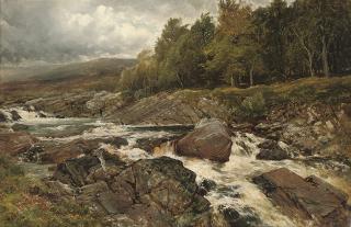 Edmund Morrison Wimperis - A torrent from the hills, with fishermen beyond
