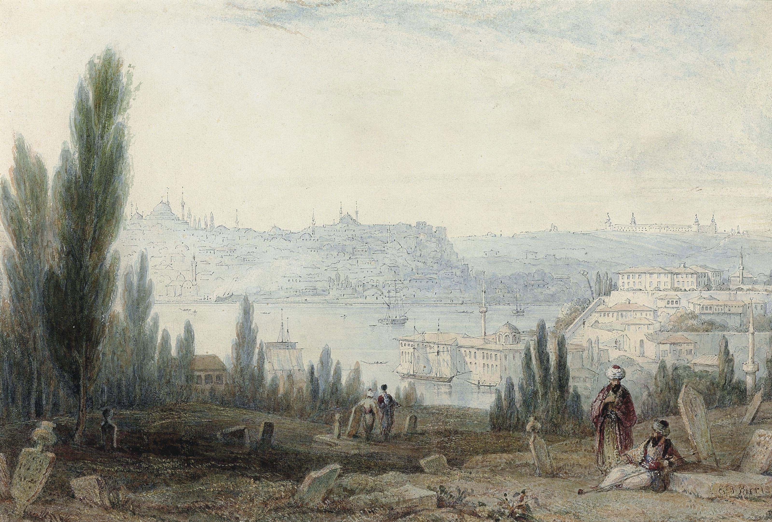 Edmund Thomas Parris - Figures resting in the Turkish cemetary, Ayoub, the city of Constantinople and the Bosphorus beyond