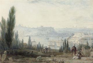Edmund Thomas Parris - Figures resting in the Turkish cemetary, Ayoub, the city of Constantinople and the Bosphorus beyond