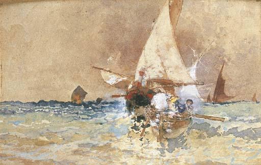 Edoardo Dalbono - Marina con barca di pescatori e vele