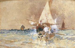 Edoardo Dalbono - Marina con barca di pescatori e vele