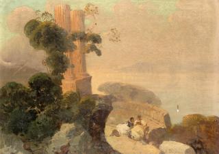 Edoardo Dalbono - Paesaggio costiero con resti archeologici e figure