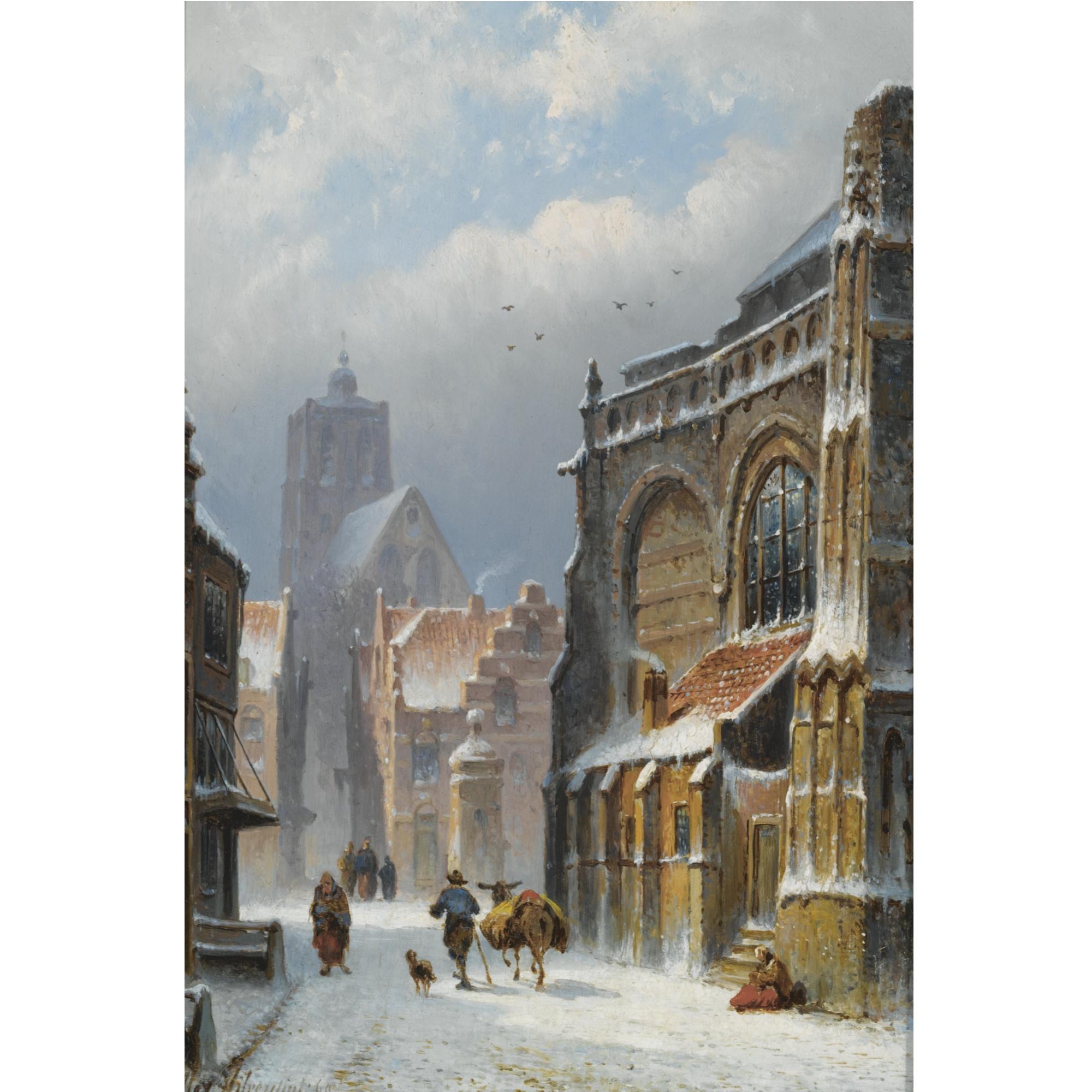 Edouard Alexander Hilverdink - Dutch a Snow Covered Street In Zaltbommel, The Grote Kerk In The Background