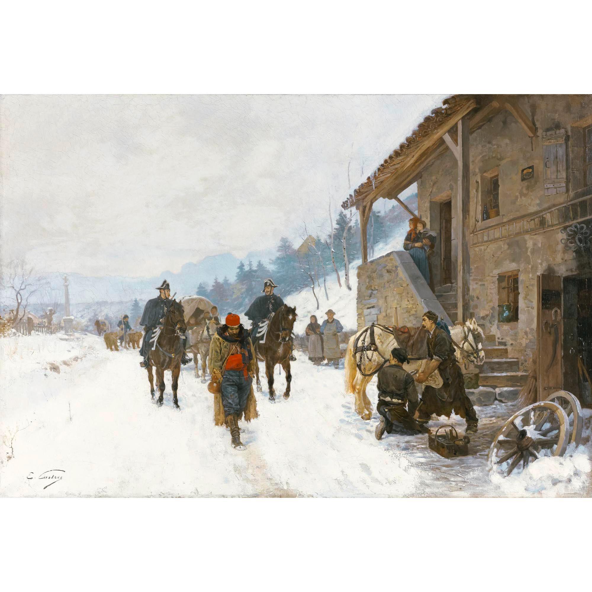 Edouard Castres - Paysage En Hiver Avec Saltimbanques, Ours Savants Et Des Gendarmes À Cheval Landscape In Winter With Jugglers, Dancing Bears And Gendarmes On Horseback