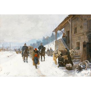 Edouard Castres - Paysage En Hiver Avec Saltimbanques, Ours Savants Et Des Gendarmes À Cheval Landscape In Winter With Jugglers, Dancing Bears And Gendarmes On Horseback