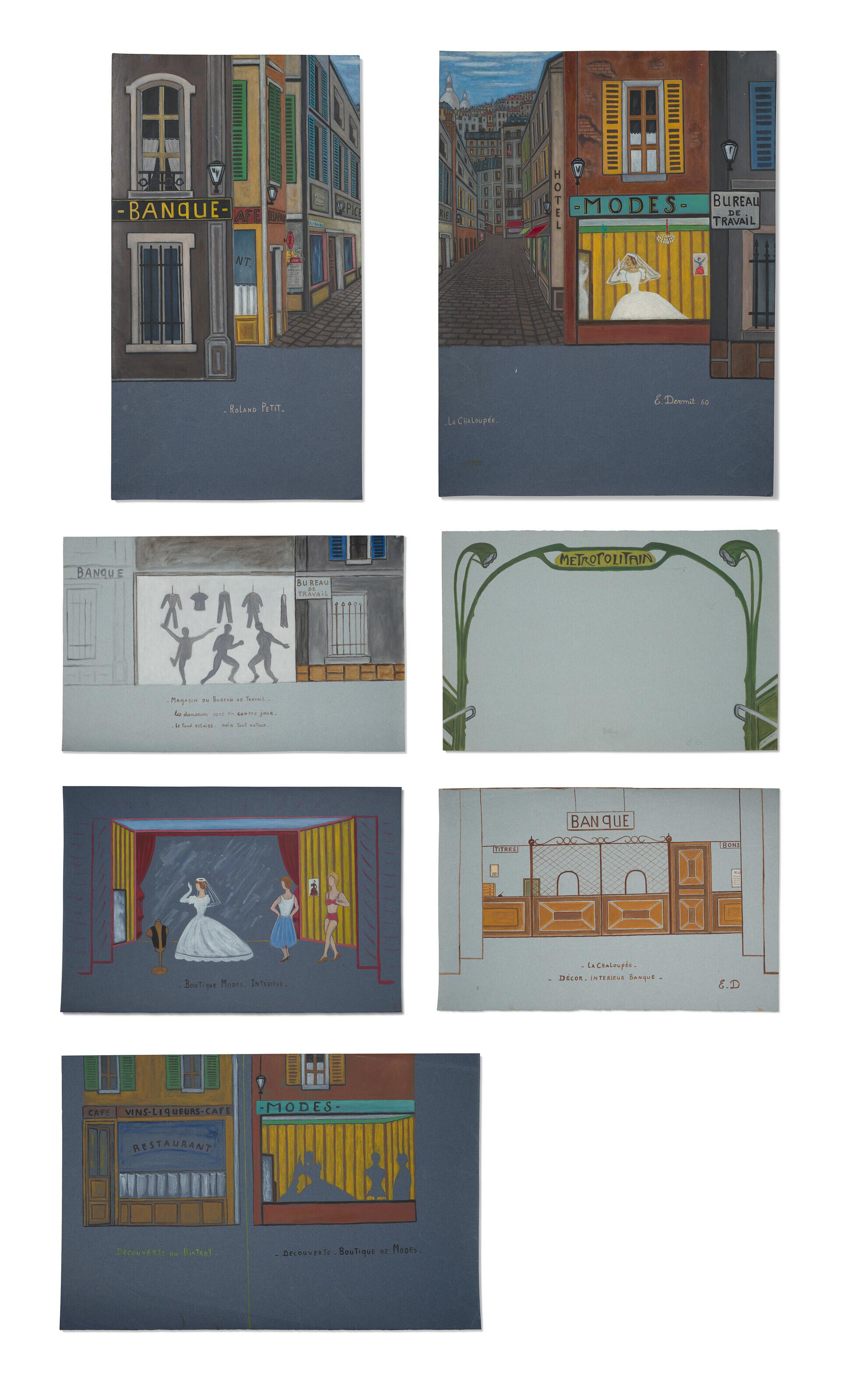 Edouard Dermit - Maquette de décors de boutiques et d\'entrée du métro parisien pour La Chaloupée