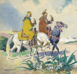 Edouard-Edmond Doigneau - Fauconniers À Cheval Près D\'Une Villeedouard-Edmond Doigneau ; Hawkers Near A City ; Signed Lower Left ; Watercolour Heightened With White Gouache On Paper
