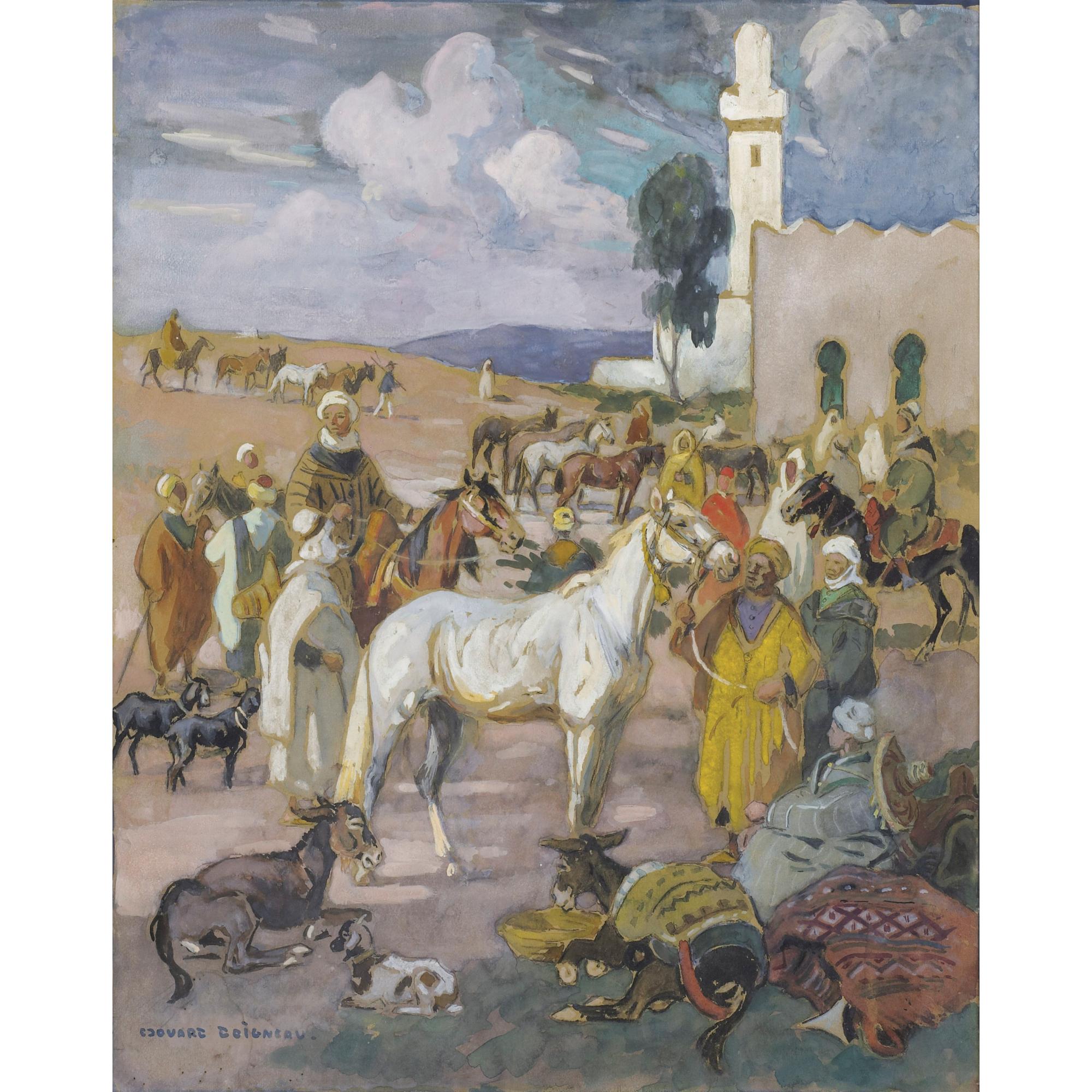 Edouard-Edmond Doigneau - Le Marché Aux Chevauxedouard-Edmond Doigneau ; Horse Market ; Signed Lower Left ; Watercolour And Gouache On Paper
