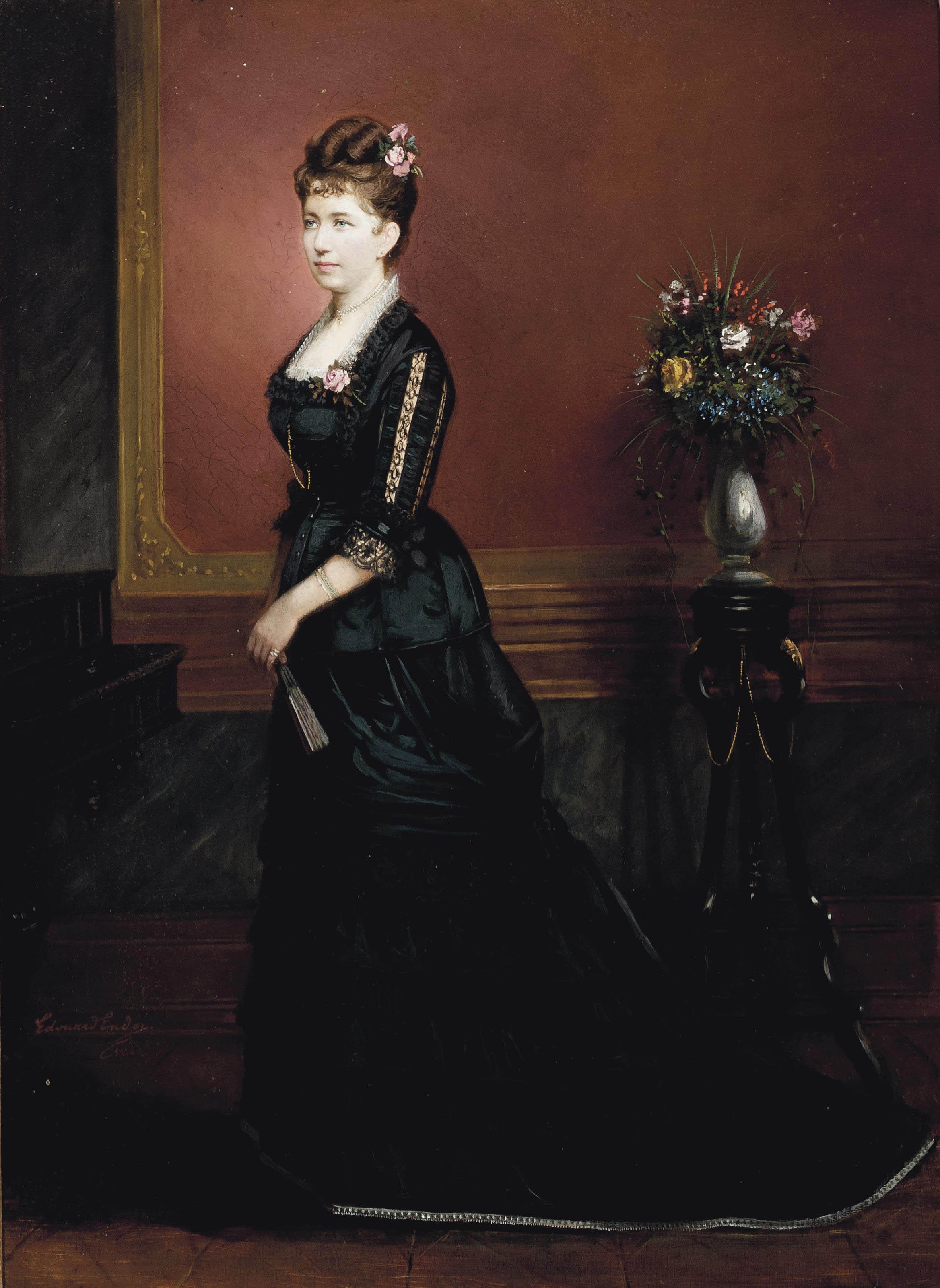 Edouard Ender - Portrait Of Lady, Full-Length, In A Black Dress, Standing In An Interior