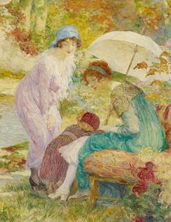 Edouard Francois Zier - Zwei Damen mit Kind im Park.