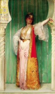 Edouard Frédéric Wilhelm Richter - An Oriental beauty, standing in an alcove