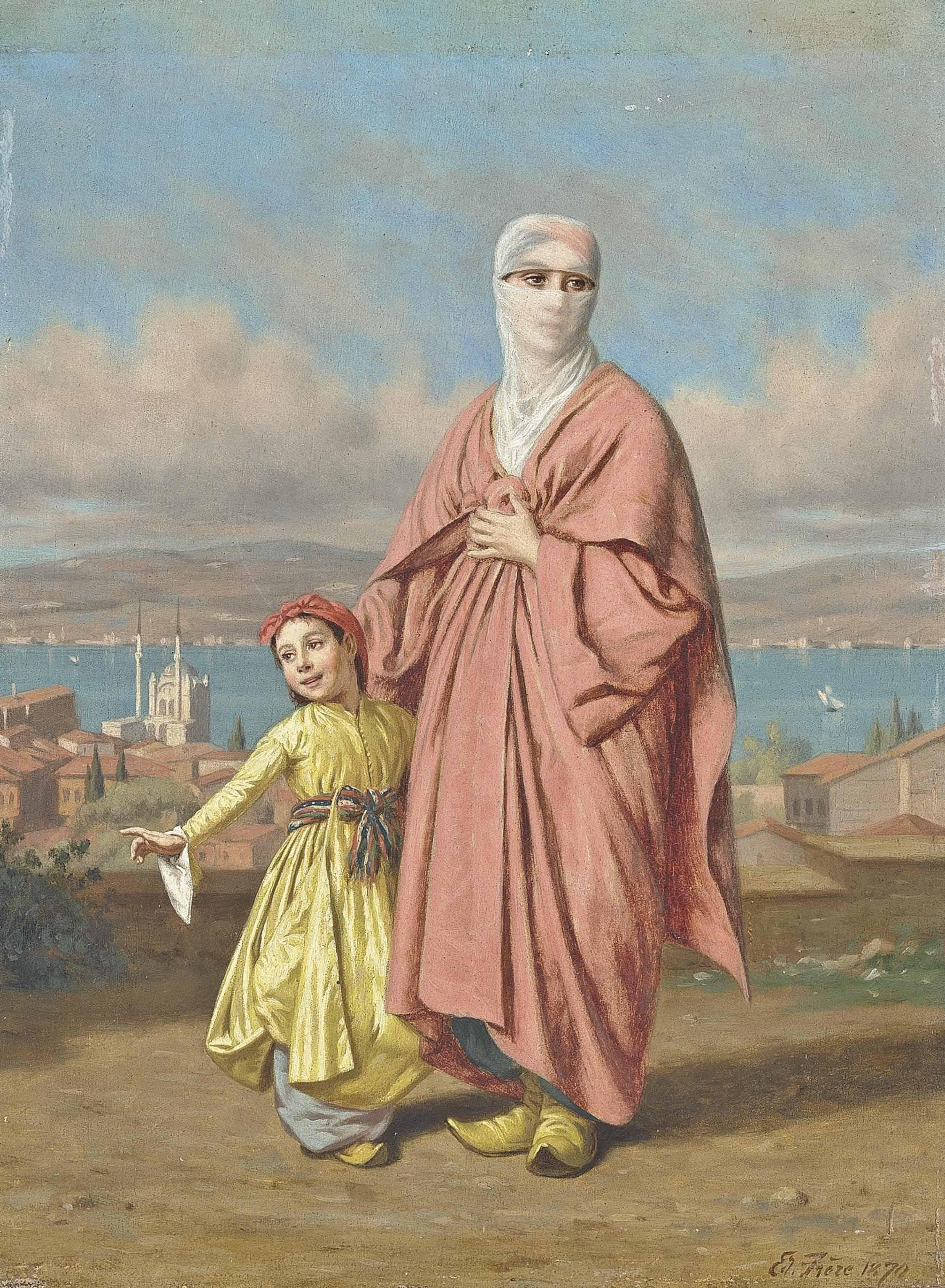Edouard Frère - A mother and daughter before the Bosphorus